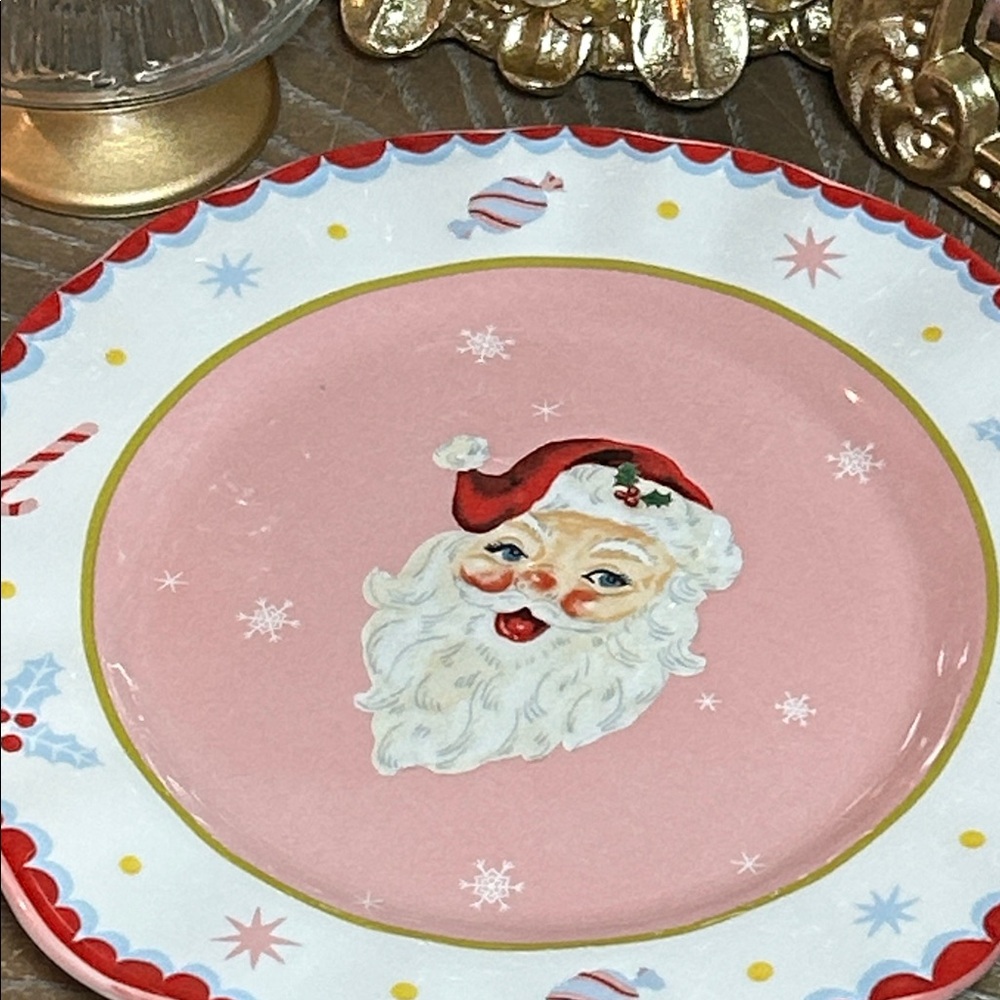 NEW! Vintage Inspired Pink Santa Serving Cookie Plate & Candy Cane Scallop Trim - Picture 2 of 6